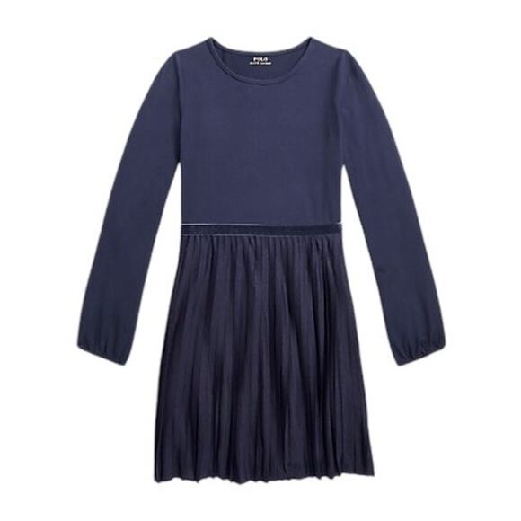 NWT Polo Ralph Lauren Blue Little Girls Velvet-Trim Pleated Jersey Dress Size L - Picture 1 of 13